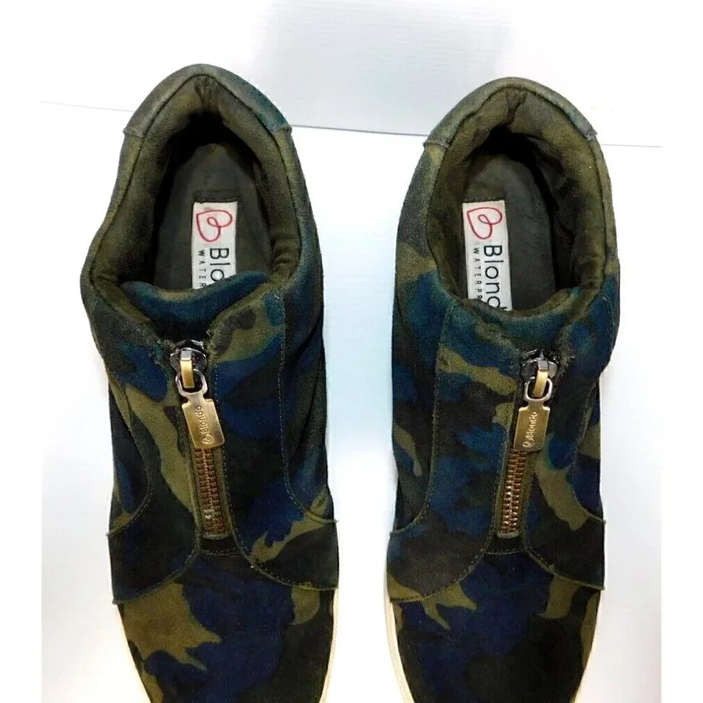 BLONDO woman's ankle boots, green & blue camo pattern size 8M RUNS SMALL!